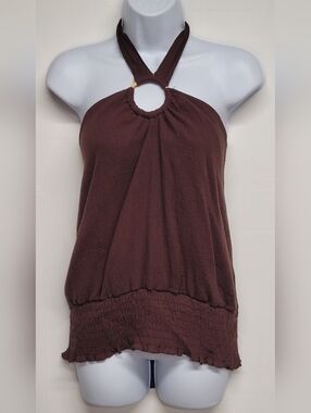 Focus XL Halther Top Brown Smocked Stretch 100% Cotton Vintage